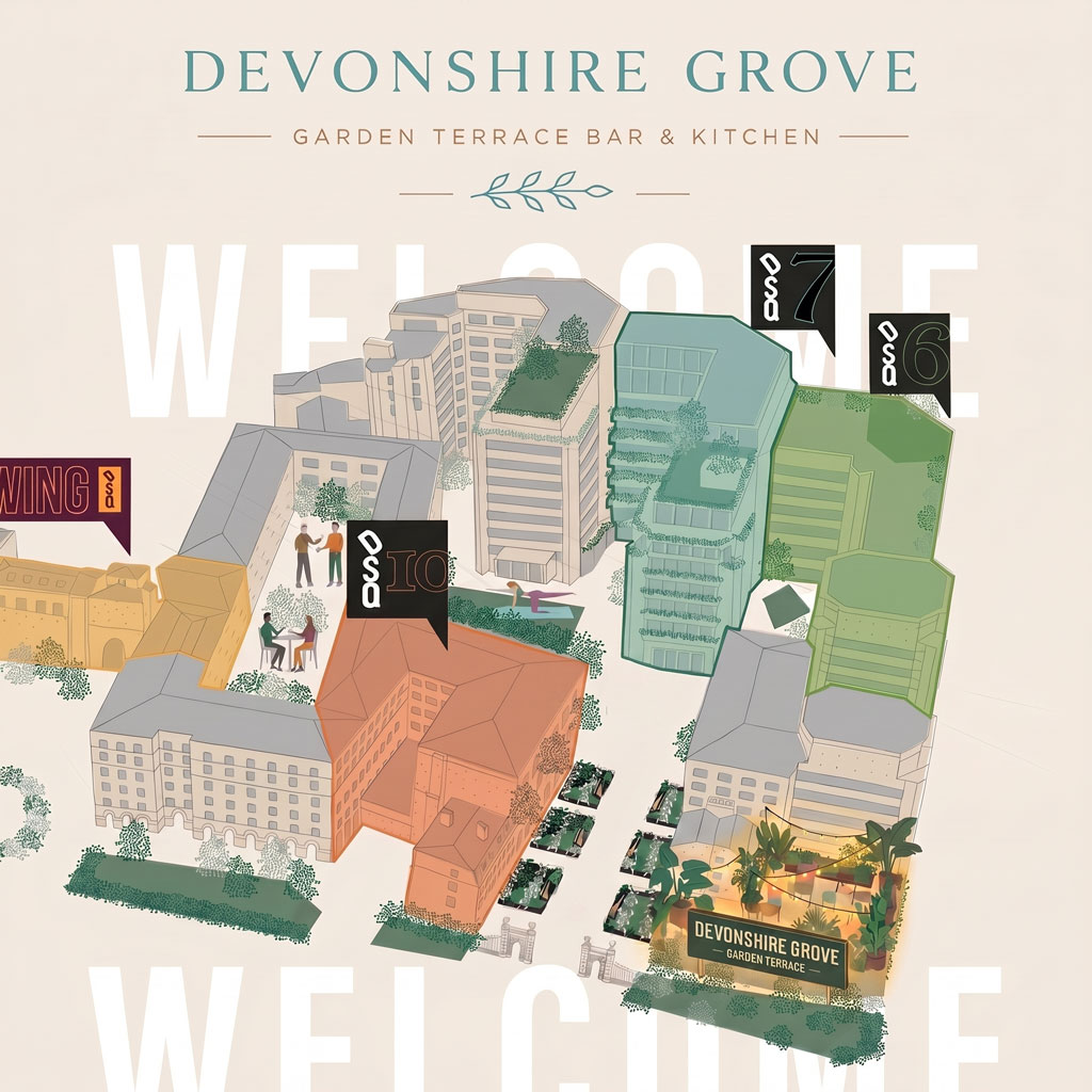 Illustrated map of Devonshire Square — Devonshire Grove garden terrace highlighted at the south-east corner