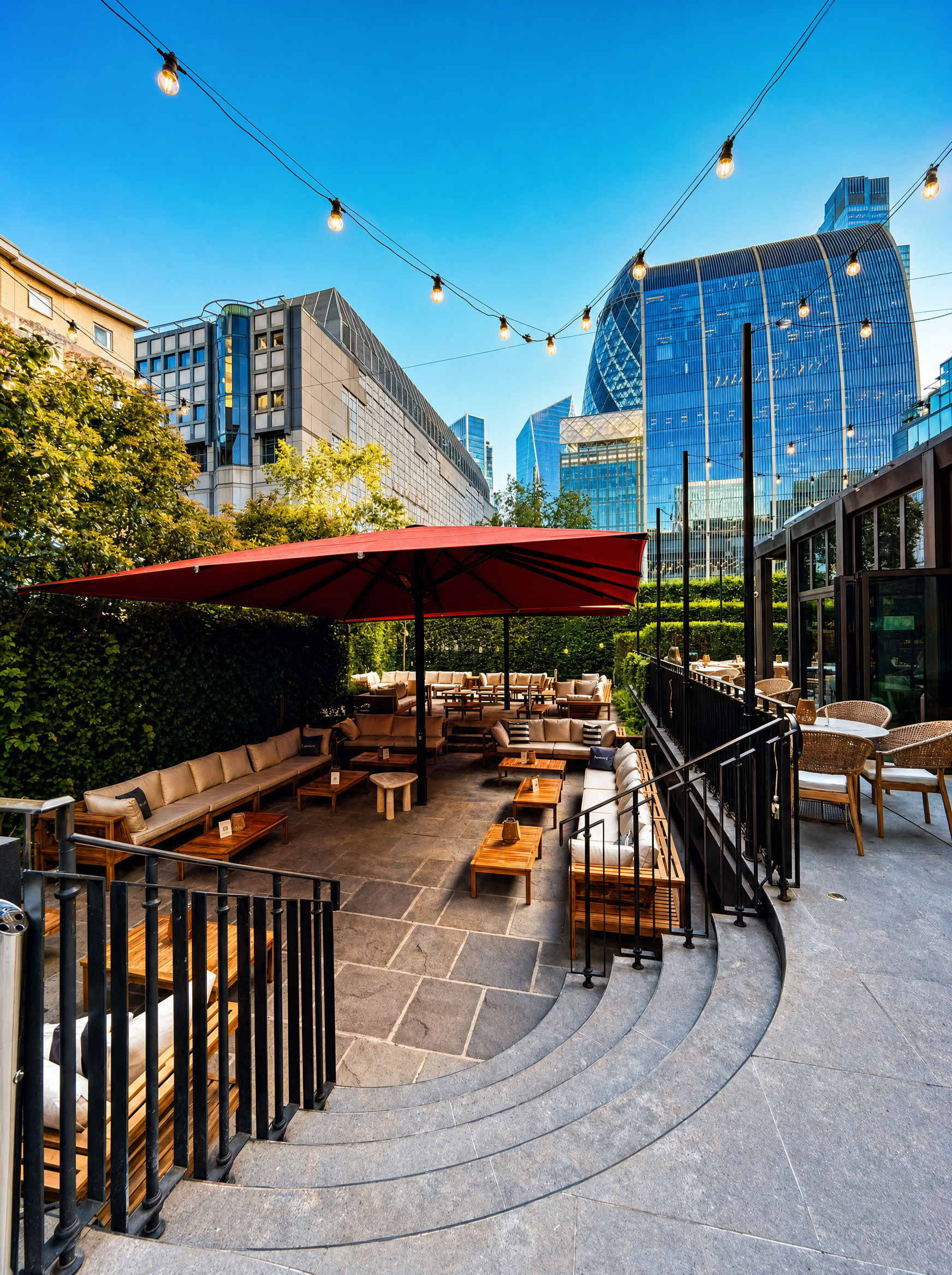 Arsenal v PSG. Music, big screens, garden under the canopy.